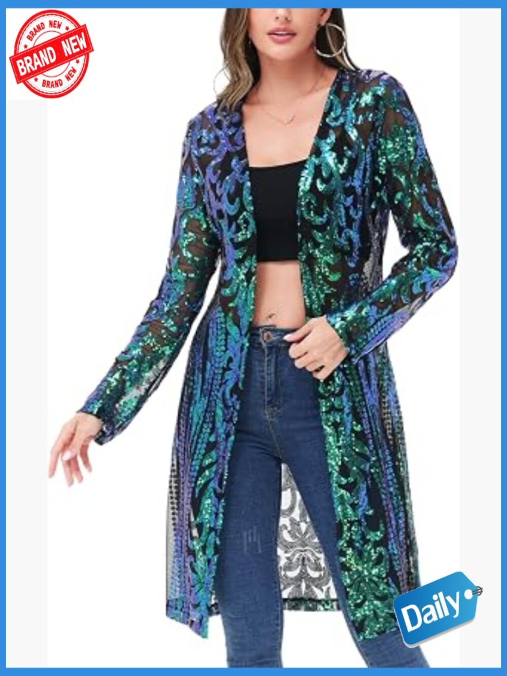 Sparkly Sequin Cardigan Long Sleeve Open Front Glitter Kimono